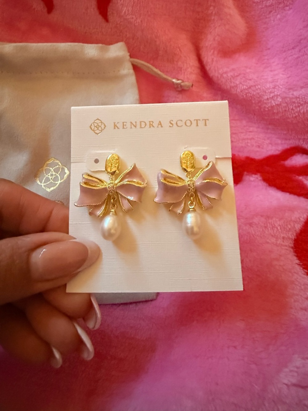 Kendra Scott Gold and Pink Bow Pearl Drop Kids Earrings